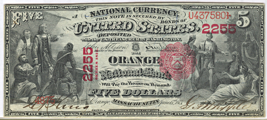 1875 $5.00. Orange, MA Charter# 2255 Scallops. XF.