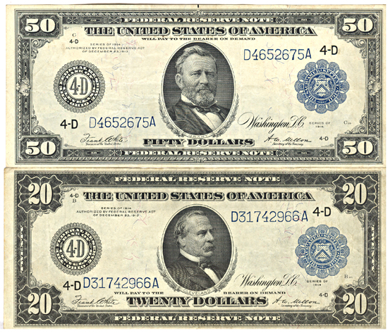 1914 $50.00 and $20 Cleveland.  Blue Seal. VF.