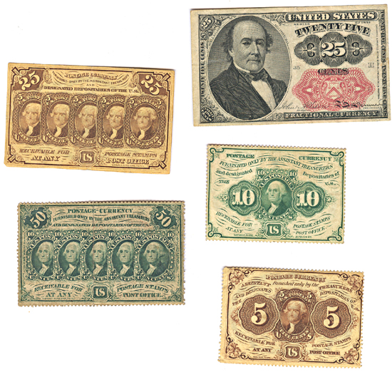 Five U.S. Fractional Currency Notes.