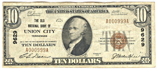 1929 $10.00. Union City, TN Charter# 9629 Ty. 1. F.