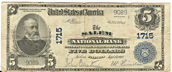 1902 $5.00. Salem, IL Charter# 1715 Blue Seal. VG.