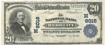 1902 $20.00. Webb City, MO Charter# 8016 Blue Seal. VF.