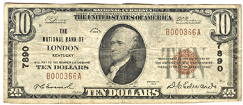 1929 $10.00. London, KY Charter# 7890 Ty. 1. F.