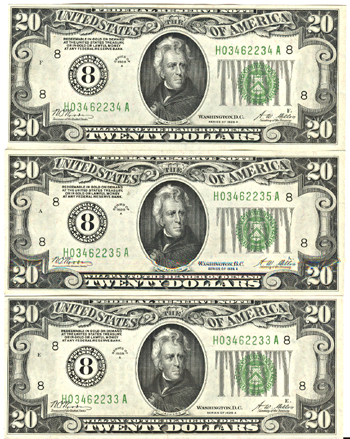 Run of Three 1928-A $20.00 Saint Louis.  CHCU.