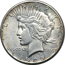 Two 1928 Peace Silver Dollars.