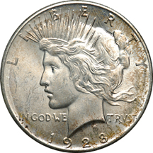 Two 1928 Peace Silver Dollars.