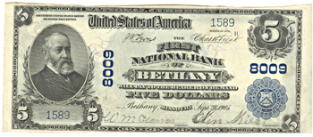 1902 $5.00. Bethany, MO Charter# 8009 Blue Seal. XF.