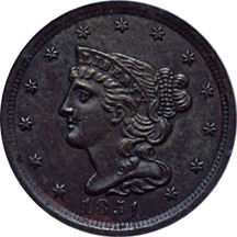 1835 Classic Head Half Cent C-1, R-1, MS-60 and 1851 Braided Hair Half Cent C-1, R-1 ICG AU-53.