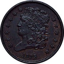 1835 Classic Head Half Cent C-1, R-1, MS-60 and 1851 Braided Hair Half Cent C-1, R-1 ICG AU-53.