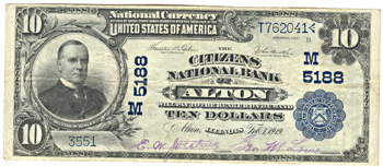 1902 $10.00. Alton, IL Charter# 5188 Blue Seal. VF.