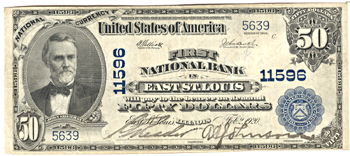 1902 $50.00. East St. Louis, IL Charter# 11596 Blue Seal Plain Back. VF.