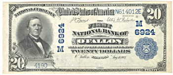 1902 $20.00. O'Fallon, IL Charter# 6924 Blue Seal. CHCU.