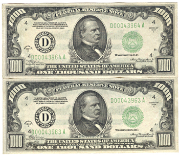 Two 1934-A $1,000.00 Cleveland.  AU.