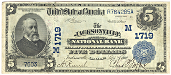 1902 $5.00. Jacksonville, IL Charter# 1719 Blue Seal Date Back. VF.