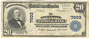 1902 $20.00. Gillespie, IL Charter# 7903 Blue Seal. F.