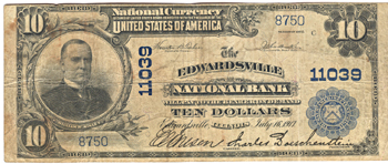 1902 $10.00. Edwardsville, IL Charter# 11039 Blue Seal. F.