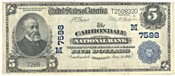 1902 $5.00. Carbondale, IL Charter# 7598 Blue Seal. VF.