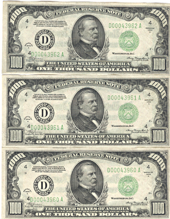 Run of Three 1934-A $1,000.00 Cleveland.  CU.