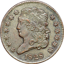 1828 13 Stars, C-1, R-2 Classic Head Half Cent AU-50 and 1850 C-1, R-2 Braided Hair Half Cent MS-62 Brown.