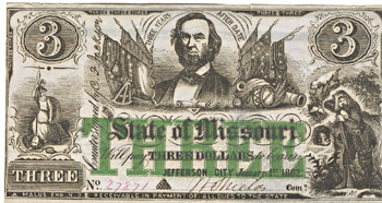 1862 $3 Missouri Defense Bond.  F.