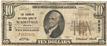 1929 $10.00. Wadesville, IN Charter# 8927 Ty. 1. VG.