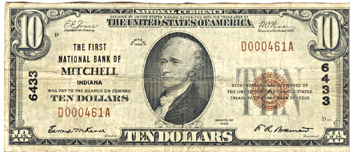 1929 $10.00. Mitchell, IN Charter# 6433 Ty. 1. F.