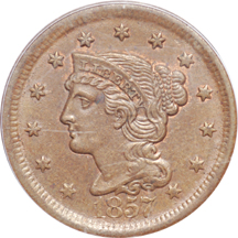 1857 Large Date. PCGS MS-62 Brown.