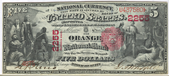 1875 $5.00. Orange, MA Charter# 2255 Scallops. XF.