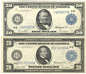 1914 $50.00 and $20 Cleveland.  Blue Seal. VF.