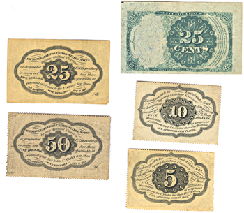 Five U.S. Fractional Currency Notes.