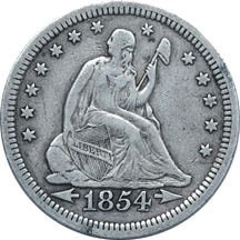 1854 Arrows Seated Quarter VF-35 and 1830 O-118, R-3 Capped Bust Half Dollar AU-50.