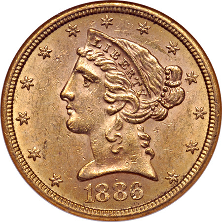 Five Coronet Half Eagles.  NGC MS-61.