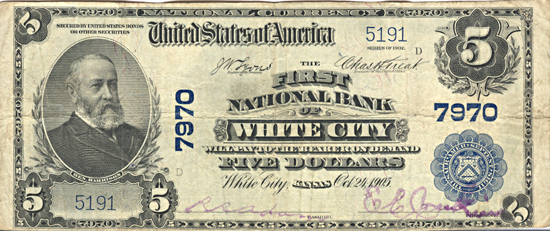 1902 $5.00. White City, KS Charter# 7970 Blue Seal. VF.