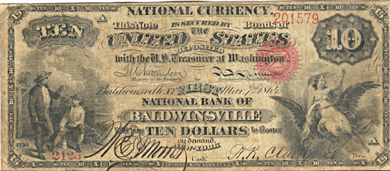 1865 $10.00. Baldwinsville, NY Charter# 292 Rays. F.