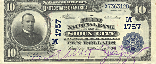 1902 $10.00. Sioux City, IA Charter# 1757 Blue Seal. AU.