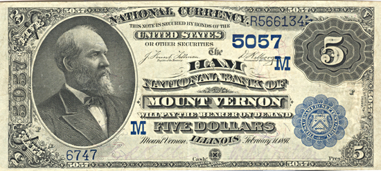 1882 $5.00. Mount Vernon, IL Charter# 5057 Date Back. VF.