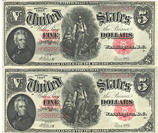 Pair of Sequential 1907 $5.00.  AU.
