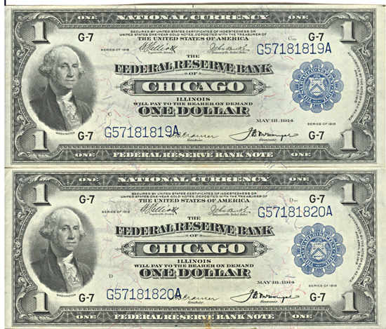 Pair of Sequential 1918 $1.00 Chicago.  AU.