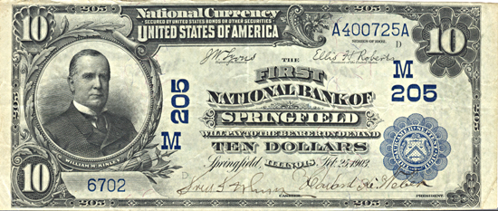 1902 $10.00. Springfield, IL Charter# 205 Date Back Blue Seal. VF.