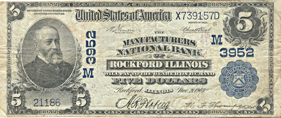 1902 $5.00. Rockford, IL Charter# 3952 Blue Seal. F.