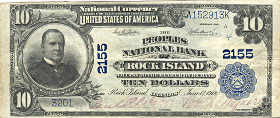 1902 $10.00. Rock Island, IL Charter# 2155 Blue Seal. VF.