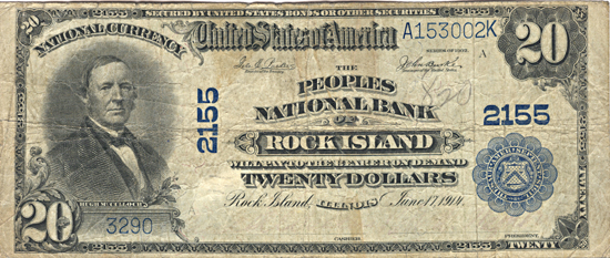 1902 $20.00. Rock Island, IL Charter# 2155 Blue Seal. F.