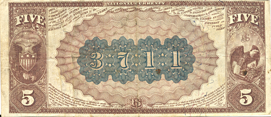 1882 $5.00. Atlanta, IL Charter# 3711 Brown Back. XF.