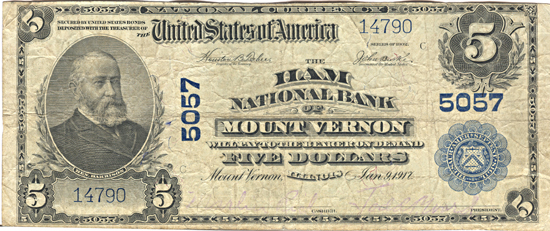 1902 $5.00. Mount Vernon, IL Charter# 5057 Blue Seal. F.