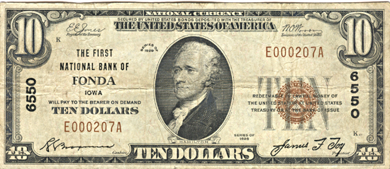 1929 $10.00. Fonda, IA Charter# 6550 Ty. 1. VF.