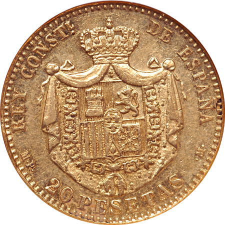 Spain: 1889(89) 20-pesetas. NGC XF-45