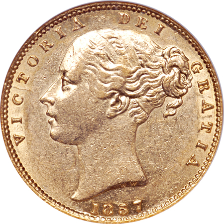 Great Britain: 1857 sovereign NGC AU-53.