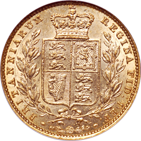 Great Britain: 1857 sovereign NGC AU-53.