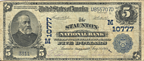 1902 $5.00. Staunton, IL Charter# 10777 Blue Seal. F.