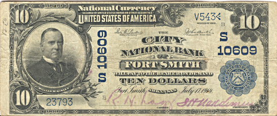 1902 $10.00. Fort Smith, AR Charter# 10609 Blue Seal. F.